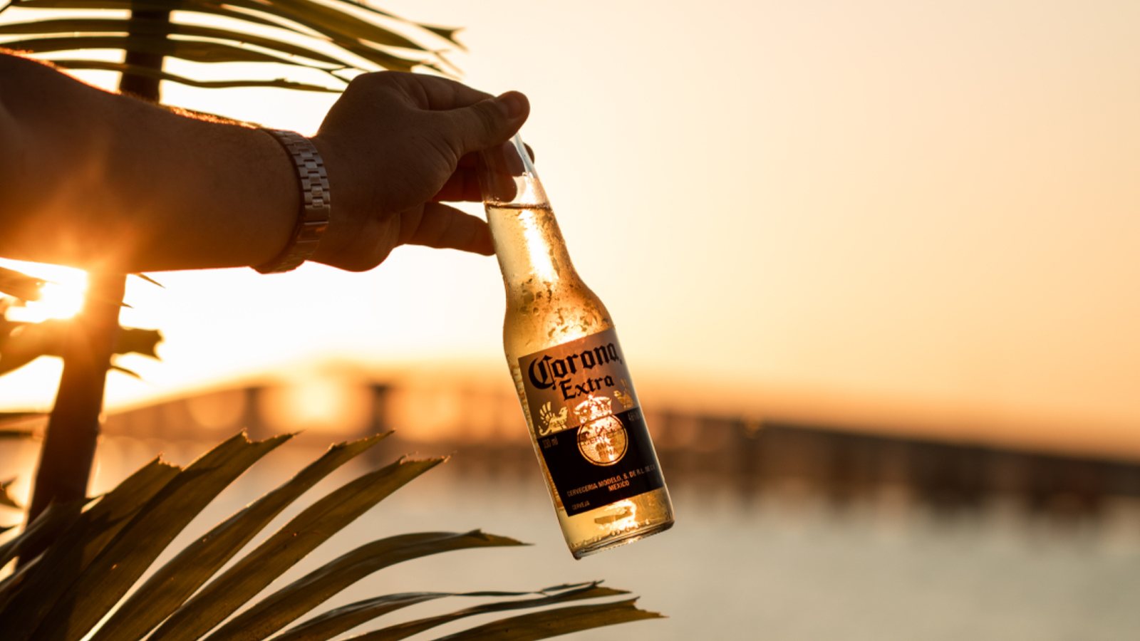Imagem de uma garrafa de Corona destacada contra o pôr do sol em um evento ao ar livre chamado 'Bike no Lago', onde a Corona foi patrocinadora.